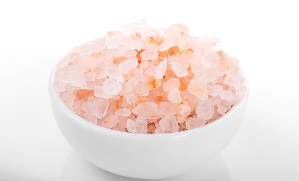 Himalayan Salt, Pink Himalayan Salt. Macro Shot, Himalayan Salt In White Bowl,  On White Background