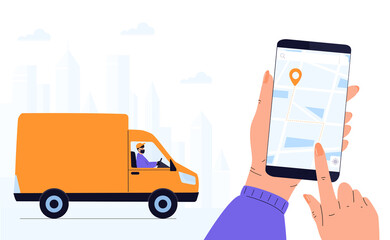 COVID-19. Quarantine. Coronavirus epidemic. Delivery man in a protective mask delivers parcel by car. Track shipments using the mobile application. Hand is holding smartphone