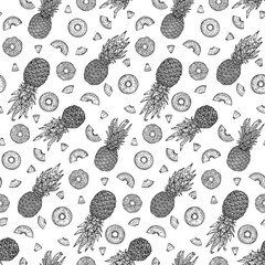 Hand drawn black and white sketch of pineapple seamless pattern, slices, line art, vector illustration. Tropical Exotic fruits. Detailed food drawing for print, menu, market, label, poster, wrapping 