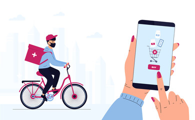 COVID-19. Quarantine. Coronavirus epidemic. Delivery man in a protective mask delivers parcel by bicycle. Hand is holding smartphone to buy pills. Order Medicines Online. Medicament shipping.
