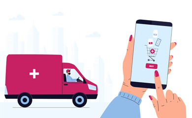 COVID-19. Quarantine. Coronavirus epidemic. Delivery man in a protective mask delivers parcel by car. Hand is holding smartphone to buy pills. Order Medicines Online. Medicament shipping.