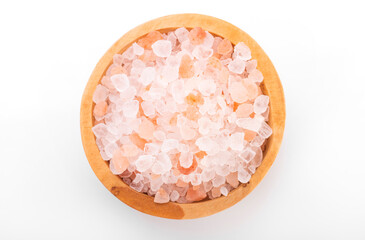 Himalayan salt, pink himalayan salt. himalayan salt in wooden bowl,  on white background