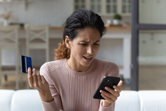 Access Denied. Angry Hispanic Woman Unable To Make Payment Via Smartphone Scold Mobile Banking Service For Error Mistake. Annoyed Young Lady Ebank Client Enter Wrong Password From Personal Credit Card