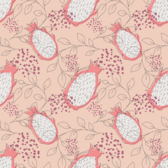 Pink dragon fruit pitaya seamless pattern. Vector illustration of an infinite pattern with linear leaves and colored drops. Ripe juicy fruits in a flat linear style