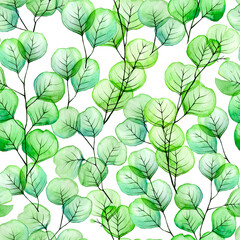watercolor seamless pattern with transparent eucalyptus leaves. green tropical eucalyptus leaves on a white background. modern watercolor, beautiful print for fabric, wallpaper, wrapping