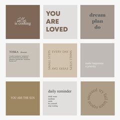 Quotes for instagram blog feed. Set of instagram post frame templates. Vector cover. Mockup for personal blog or shop.	