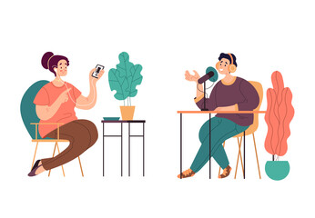 People man woman characters listening recording audio podcast concept. Vector flat cartoon modern style abstract illustration set
