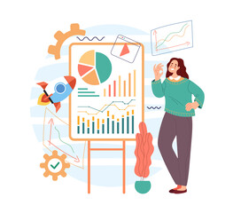 Business woman characctr office worker present project buiness plan management concept. Vector flat cartoon modern style abstract illustration