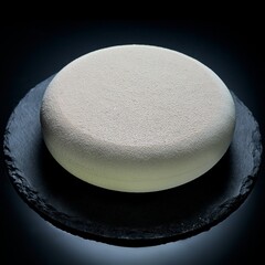 Delicate mousse cake with ground coffee beans and hazelnuts on a dark background