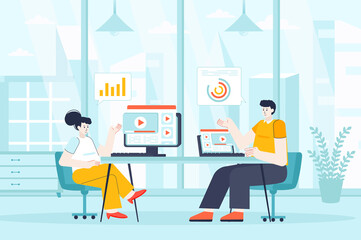 Video marketing concept in flat design. Marketers works in office scene. Colleagues create content, analyze statistics, promotion strategy. Vector illustration of people characters for landing page