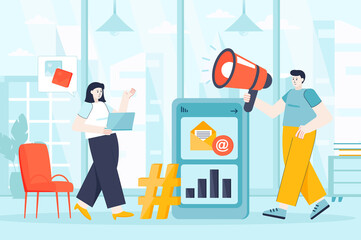 Social media marketing concept in flat design. Colleagues works in office scene. Man and woman create content, promotion, attract clients. Vector illustration of people characters for landing page