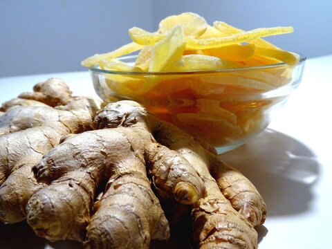 Fresh and dry ginger on the table