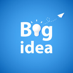 The concept of big idea, creativity and inspiration. White light bulb in the text and paper plane taking off on a blue background.