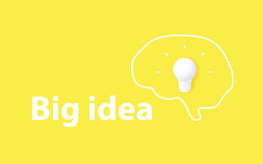 Big idea concept, creativity and brainstorming. White light bulb, brain and text on yellow horizontal banner.