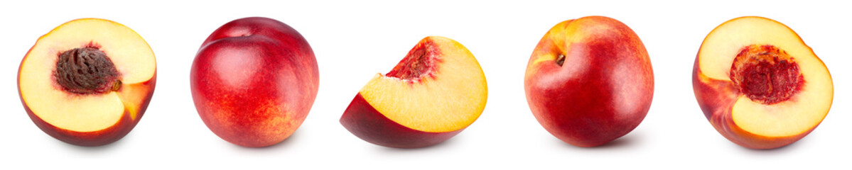 Isolated peach collection. Fresh organic peach isolated clipping path. Peach macro studio photo. High End Retouching