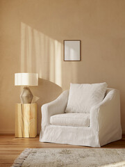 3d rendering of a minimal mediterranean relaxed space with earthy tones and a white linen upholstered σlipcover armchair