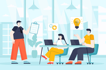 Teamwork concept in flat design. Colleagues work at office scene. Employees team at business meeting, discussion of strategy, brainstorming. Vector illustration of people characters for landing page