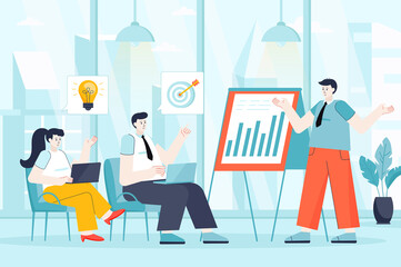 Business training concept in flat design. Colleagues at conference scene. Employees listen to coach, improve qualifications, success career. Vector illustration of people characters for landing page