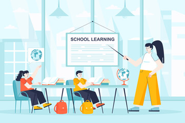 School learning concept in flat design. Pupils in lesson at classroom scene. Boy and girl studying world geography, listening to teacher. Vector illustration of people characters for landing page