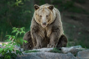 Brown Bear (Ursus arctos) big male sitting on the stones, Relax after a meal - Powered by Adobe
