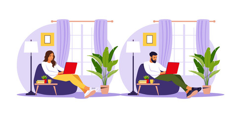 Man and woman sitting with laptop on bean bag chair. Concept illustration for working, studying, education, work from home. Flat. Vector illustration.