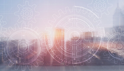 Gears on modern architecture background. Business processes concept