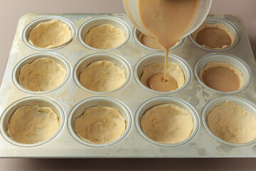 Cooking Pastel de nata. Puff pastry. traditional Portuguese dish