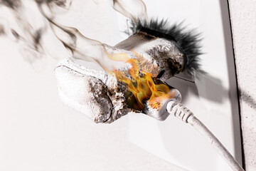 cell phone charger short-circuited, smoke and fire, electrical appliance melting