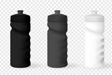 Drink Bottle Vector realistic 3d black, white and silver empty glossy metal water bottle. Design template of packaging mockup for graphics. Front View.
