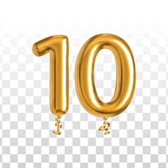 Vector realistic isolated golden balloon number of 10 for invitation decoration on the transparent background. - obrazy, fototapety, plakaty