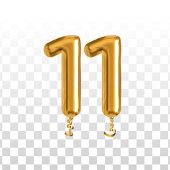 Vector realistic isolated golden balloon number of 11 for invitation decoration on the transparent background.