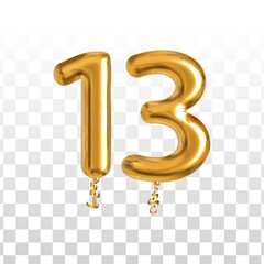Vector realistic isolated golden balloon number of 13 for invitation decoration on the transparent background.