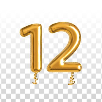 Vector realistic isolated golden balloon number of 12 for invitation decoration on the transparent background.