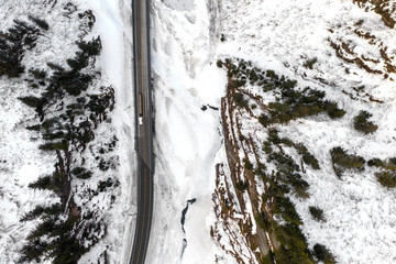 Aerial view of the Richardson Highway, Keystone Canyon, and Lowe River near Valdez, Alaska during the winter.