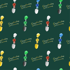 Seamless Pattern for Ground Breaking Ceremony with golden, silver, white shovels vector illustration