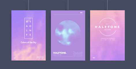 Trendy colorful poster set. Halftone sky background and abstract geometric shapes. Modern creative vector cover templates