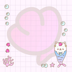 Kawaii notebook page template. Memo page decorated with little kitten mermaids. Vector 10 ESP.