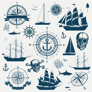 Set of nautical design objects, sailing ships, yachts, compasses