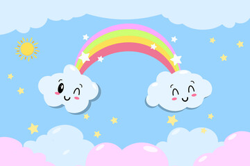 Cute vector rainbow with clouds and heart - kawaii style illustration from children fairytale with stars EPS
