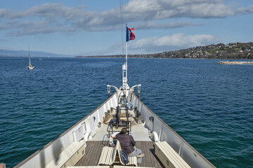 Fototapeta na wymiar bow of a vintage steamboat cruising on Lake Geneva, Geneva, Switzerland
