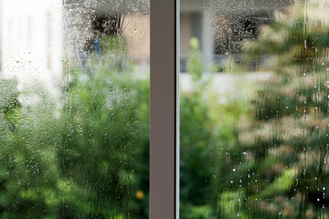Window glass with raindrops and green blurs
