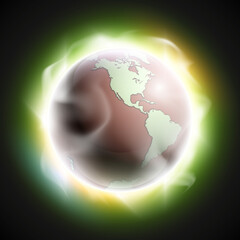 World map rising sun. Solar eclipse globe icon, space sunlight. Planet Earth sunny glow background view from space. Continents world Sunshine picture. Colorful solar eclipse astro poster presentation