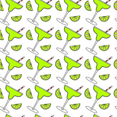 Vector seamless pattern of glasses with green cocktail margarita and lime wedges. Background elements can be used individually.