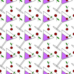 Vector seamless pattern of glasses with pink cocktail martini and cherries. Background elements can be used individually.