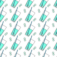 Vector seamless pattern of glasses of blue water and ice cubes. Background elements can be used individually.