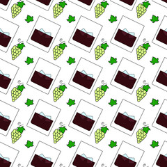 Vector seamless pattern of glasses of whiskey or brandy with ice cubes and vines of white grapes. Background elements can be used individually.
