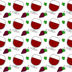Vector seamless pattern of glasses with wine and vines of red grapes. Background elements can be used individually.
