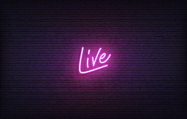 Live neon sign. Glowing neon lettering Live On Air template