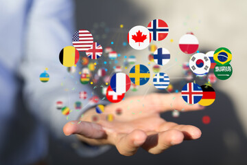 Global communication and international messaging concept, national flags of world