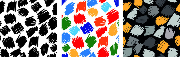 
Set of three seamless patterns with doodles, black and white, rainbow colors and gray with yellow on a black background